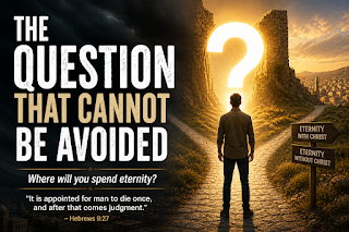 The question that cannot be avoided Christian image showing a man facing a glowing path about eternity