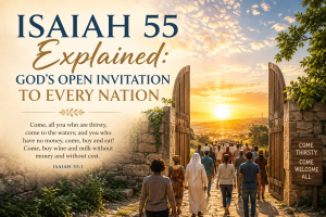 Isaiah 55 explained – diverse people entering open gates at sunrise, symbolizing God’s invitation to every nation.